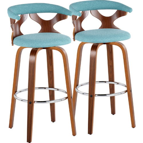 Gardenia 30" Swivel Bar Stool in Walnut Wood & Teal Fabric with Chrome Footrest (Set of 2)